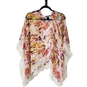 Steve Madden Sheer Floral Topper Kimono Swim Cover Fringe Trim Women's OS